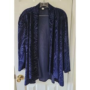 Chico's Size 3 Open Front Cardigan Blue Velvet Paisley Stretch High Low Hem